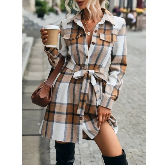 Plaid Long Sleeve Button Front Tie Belted Short Shirt Style Dress